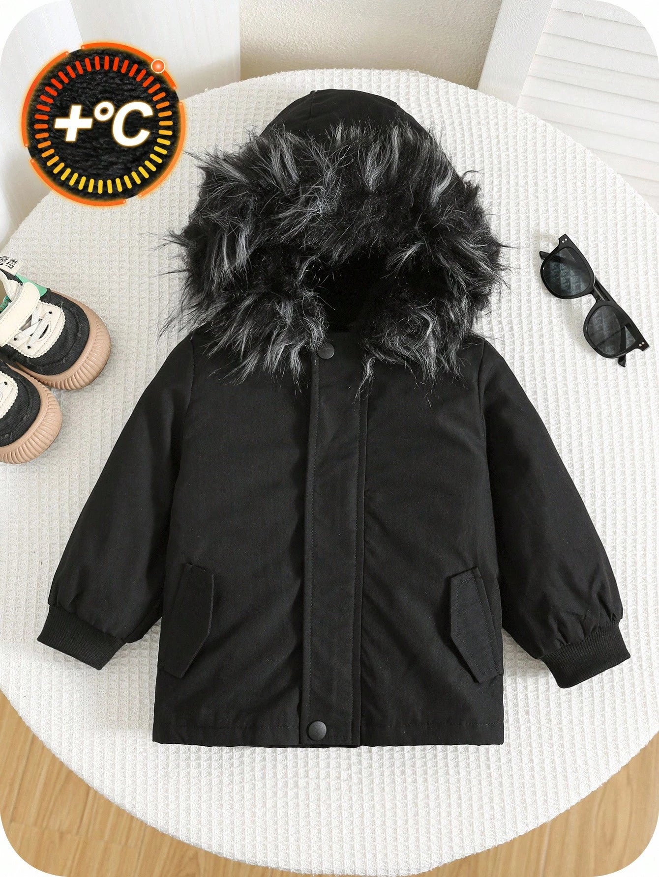 Baby Boys Plain Black Winter Modest Date Padded Hooded Autumn Coat,Faux Fur Collar Thermal Lined Thickened Jacket,Toddler Winter All-Match Outerwear