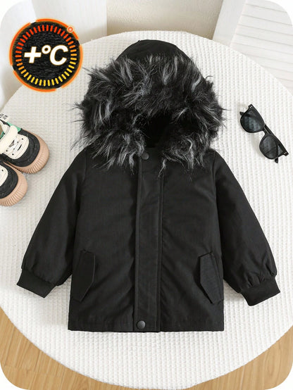Baby Boys Plain Black Winter Modest Date Padded Hooded Autumn Coat,Faux Fur Collar Thermal Lined Thickened Jacket,Toddler Winter All-Match Outerwear