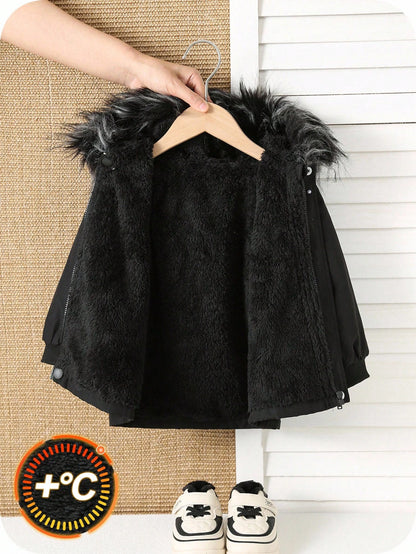 Baby Boys Plain Black Winter Modest Date Padded Hooded Autumn Coat,Faux Fur Collar Thermal Lined Thickened Jacket,Toddler Winter All-Match Outerwear
