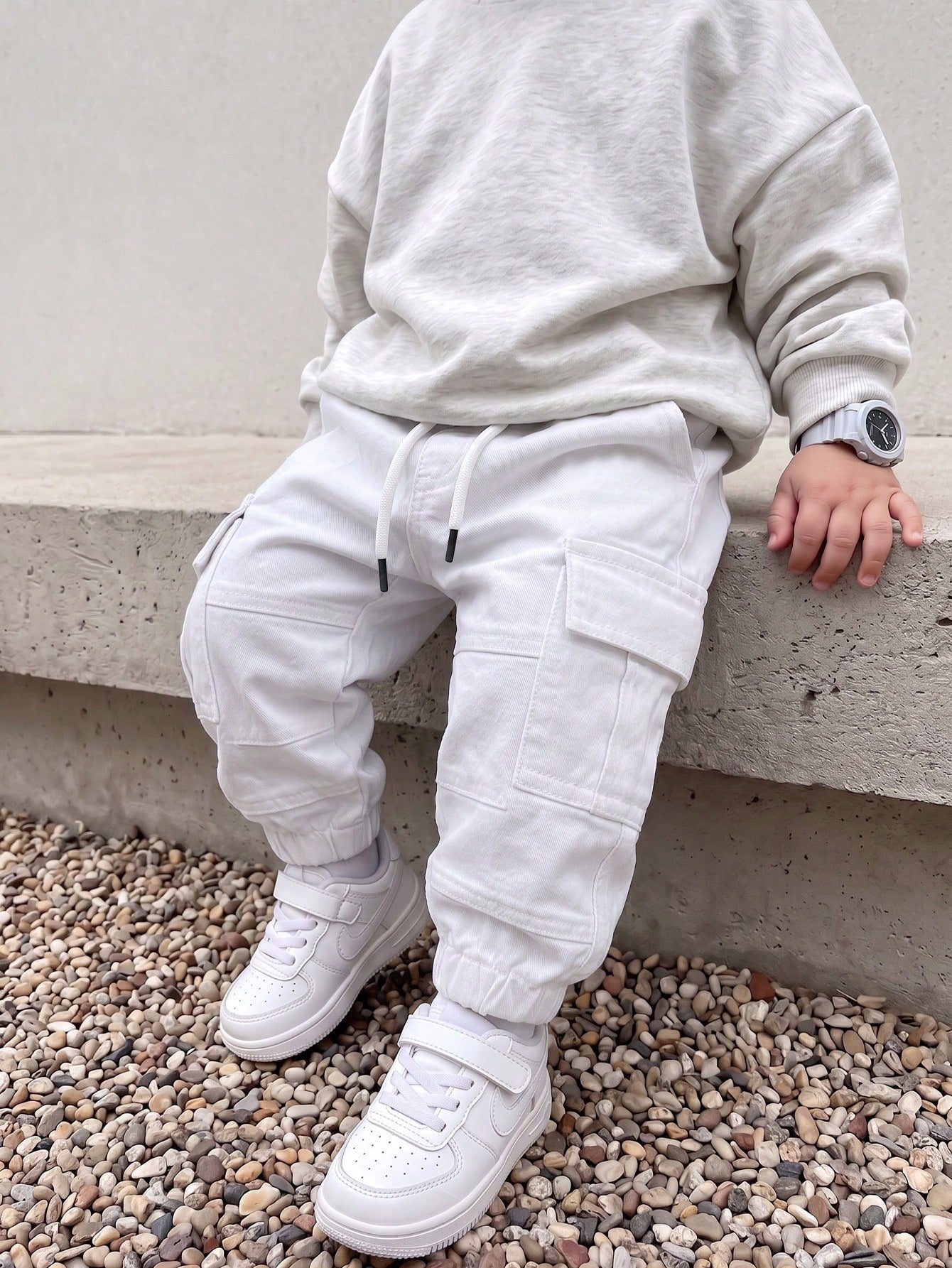 Baby Boys' Retro Casual Street Cool Multi-Pocket Loose Comfortable Full Elastic Waist Drawstring Cuffed Washed Light Blue Denim Cargo Pants