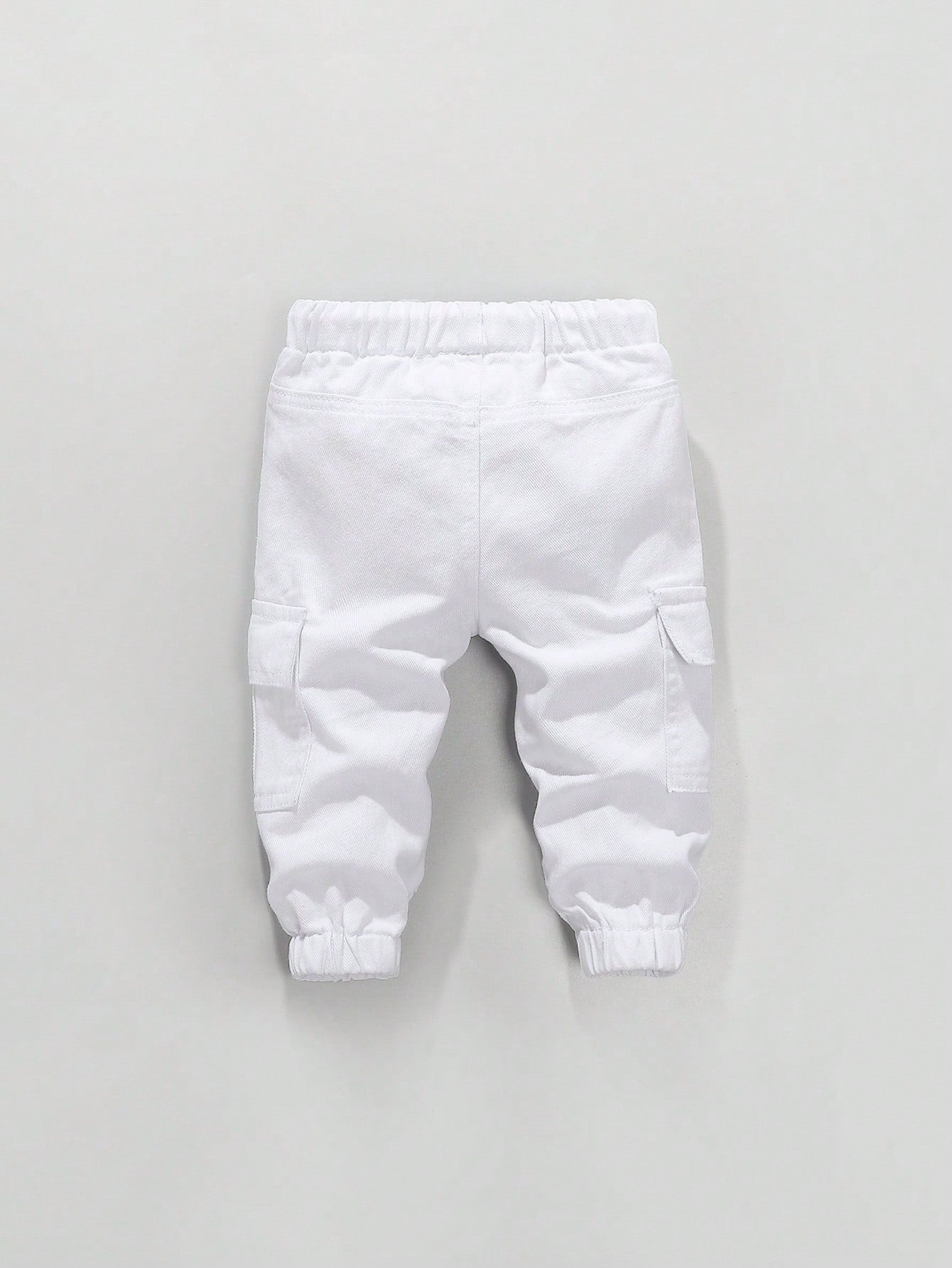 Baby Boys' Retro Casual Street Cool Multi-Pocket Loose Comfortable Full Elastic Waist Drawstring Cuffed Washed Light Blue Denim Cargo Pants