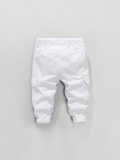 Baby Boys' Retro Casual Street Cool Multi-Pocket Loose Comfortable Full Elastic Waist Drawstring Cuffed Washed Light Blue Denim Cargo Pants