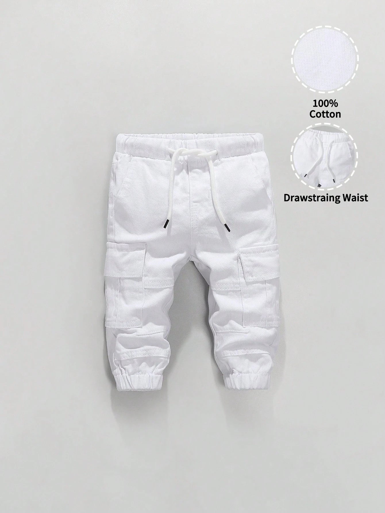 Baby Boys' Retro Casual Street Cool Multi-Pocket Loose Comfortable Full Elastic Waist Drawstring Cuffed Washed Light Blue Denim Cargo Pants