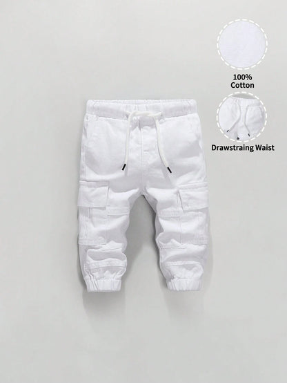 Baby Boys' Retro Casual Street Cool Multi-Pocket Loose Comfortable Full Elastic Waist Drawstring Cuffed Washed Light Blue Denim Cargo Pants