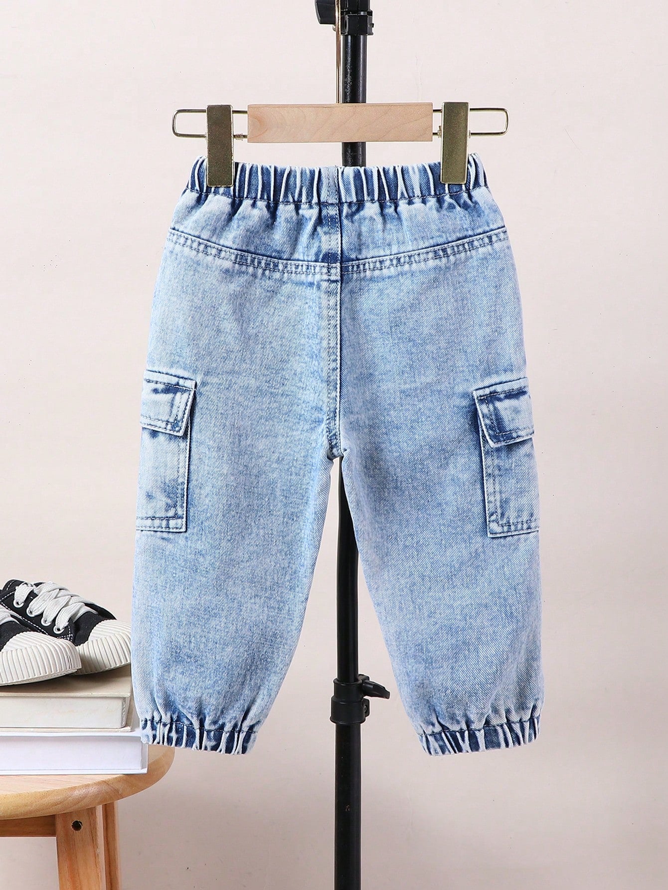 Baby Boys' Retro Casual Street Cool Multi-Pocket Loose Comfortable Full Elastic Waist Drawstring Cuffed Washed Light Blue Denim Cargo Pants