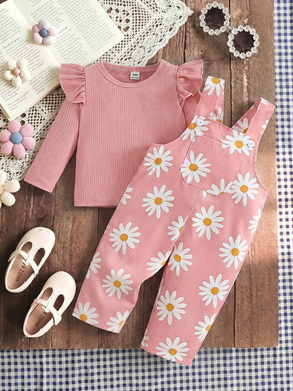 Baby Girl 2pcs Set Casual Cute Solid Color Ruffle Sleeve Long Sleeve Top And Floral Print Shoulder Strap Jumpsuit, Comfortable Outfit For Autumn