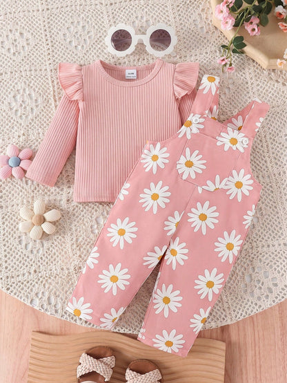 Baby Girl 2pcs Set Casual Cute Solid Color Ruffle Sleeve Long Sleeve Top And Floral Print Shoulder Strap Jumpsuit, Comfortable Outfit For Autumn