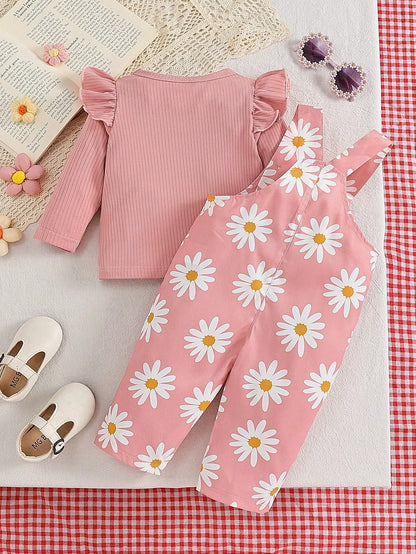 Baby Girl 2pcs Set Casual Cute Solid Color Ruffle Sleeve Long Sleeve Top And Floral Print Shoulder Strap Jumpsuit, Comfortable Outfit For Autumn
