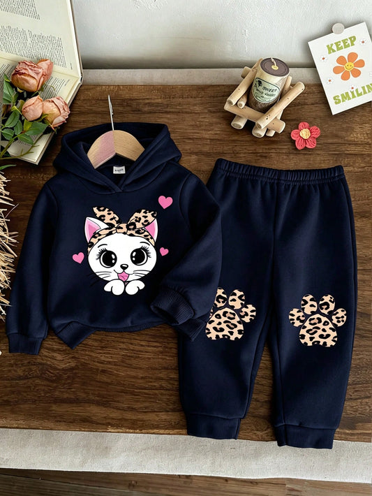 Baby Girl Cartoon Rabbit Leopard Print Knit Soft Hooded Casual Minimalist Loose Long Sleeve Sweatshirt And Pants Set, Suitable For Autumn/Winter