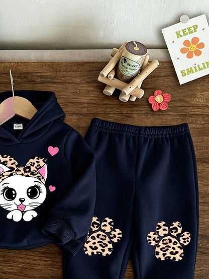 Baby Girl Cartoon Rabbit Leopard Print Knit Soft Hooded Casual Minimalist Loose Long Sleeve Sweatshirt And Pants Set, Suitable For Autumn/Winter