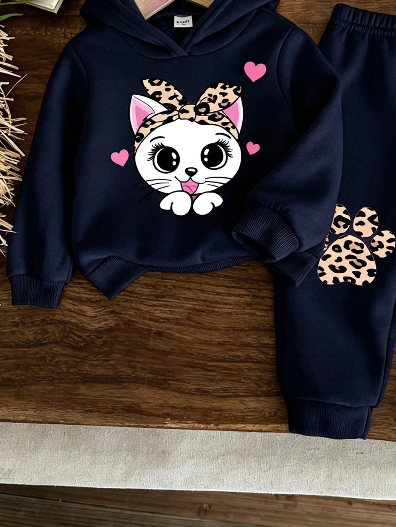 Baby Girl Cartoon Rabbit Leopard Print Knit Soft Hooded Casual Minimalist Loose Long Sleeve Sweatshirt And Pants Set, Suitable For Autumn/Winter