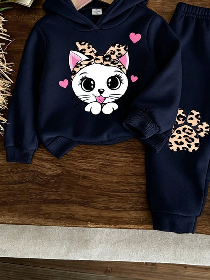 Baby Girl Cartoon Rabbit Leopard Print Knit Soft Hooded Casual Minimalist Loose Long Sleeve Sweatshirt And Pants Set, Suitable For Autumn/Winter