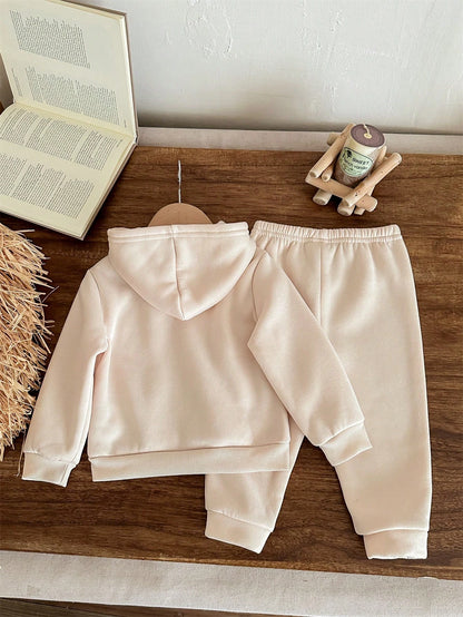 Baby Girl Cartoon Rabbit Leopard Print Knit Soft Hooded Casual Minimalist Loose Long Sleeve Sweatshirt And Pants Set, Suitable For Autumn/Winter