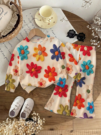 Baby Girl Casual Cute Textured Floral Print, American Vintage Style, Soft Thick Crew Neck Long Sleeve Sweatshirt & Flared Pants Set, Suitable For Autumn/Winter, Graphic, Cozy, Girls Outfit Sets, Y2K