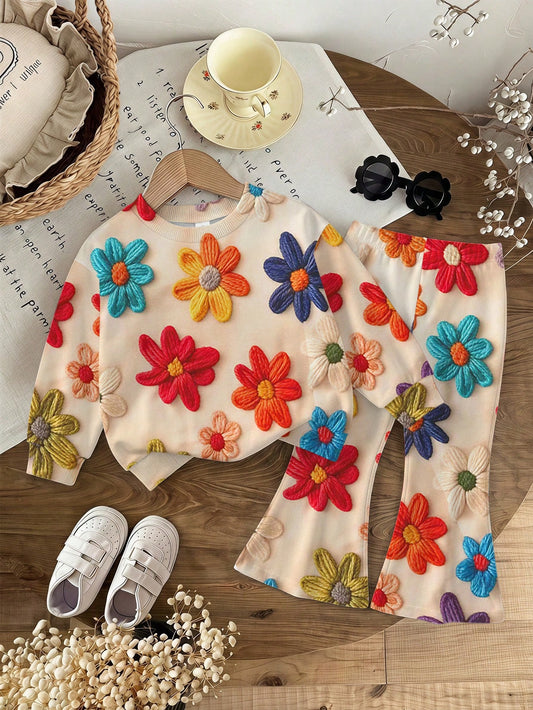 Baby Girl Casual Cute Textured Floral Print, American Vintage Style, Soft Thick Crew Neck Long Sleeve Sweatshirt & Flared Pants Set, Suitable For Autumn/Winter, Graphic, Cozy, Girls Outfit Sets, Y2K
