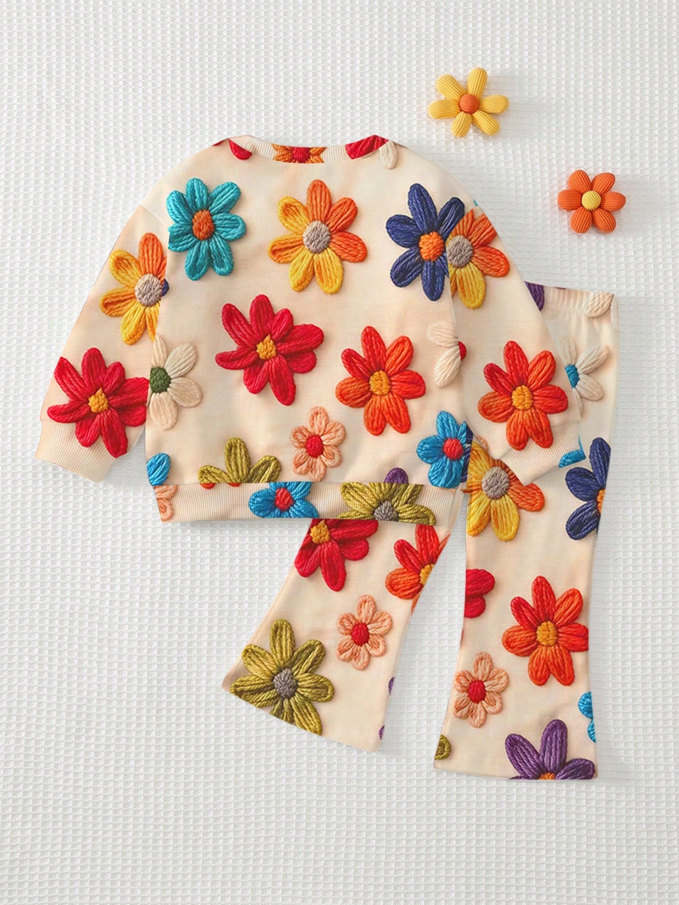 Baby Girl Casual Cute Textured Floral Print, American Vintage Style, Soft Thick Crew Neck Long Sleeve Sweatshirt & Flared Pants Set, Suitable For Autumn/Winter, Graphic, Cozy, Girls Outfit Sets, Y2K