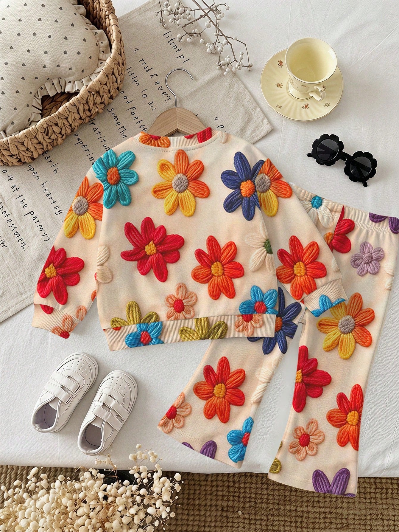 Baby Girl Casual Cute Textured Floral Print, American Vintage Style, Soft Thick Crew Neck Long Sleeve Sweatshirt & Flared Pants Set, Suitable For Autumn/Winter, Graphic, Cozy, Girls Outfit Sets, Y2K
