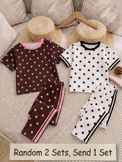 Baby Girl Casual Minimalist Round Neck Loose Short Sleeve T-Shirt And Leggings Set, Suitable For Spring And Summer