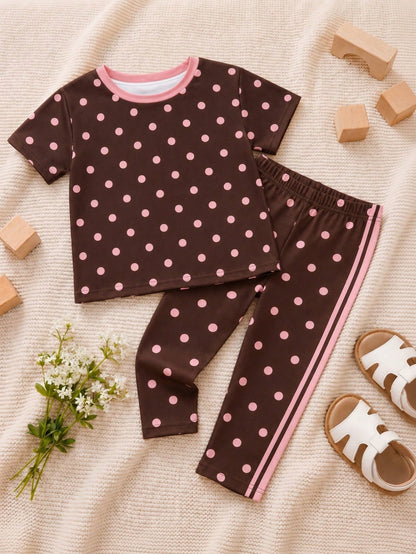 Baby Girl Casual Minimalist Round Neck Loose Short Sleeve T-Shirt And Leggings Set, Suitable For Spring And Summer