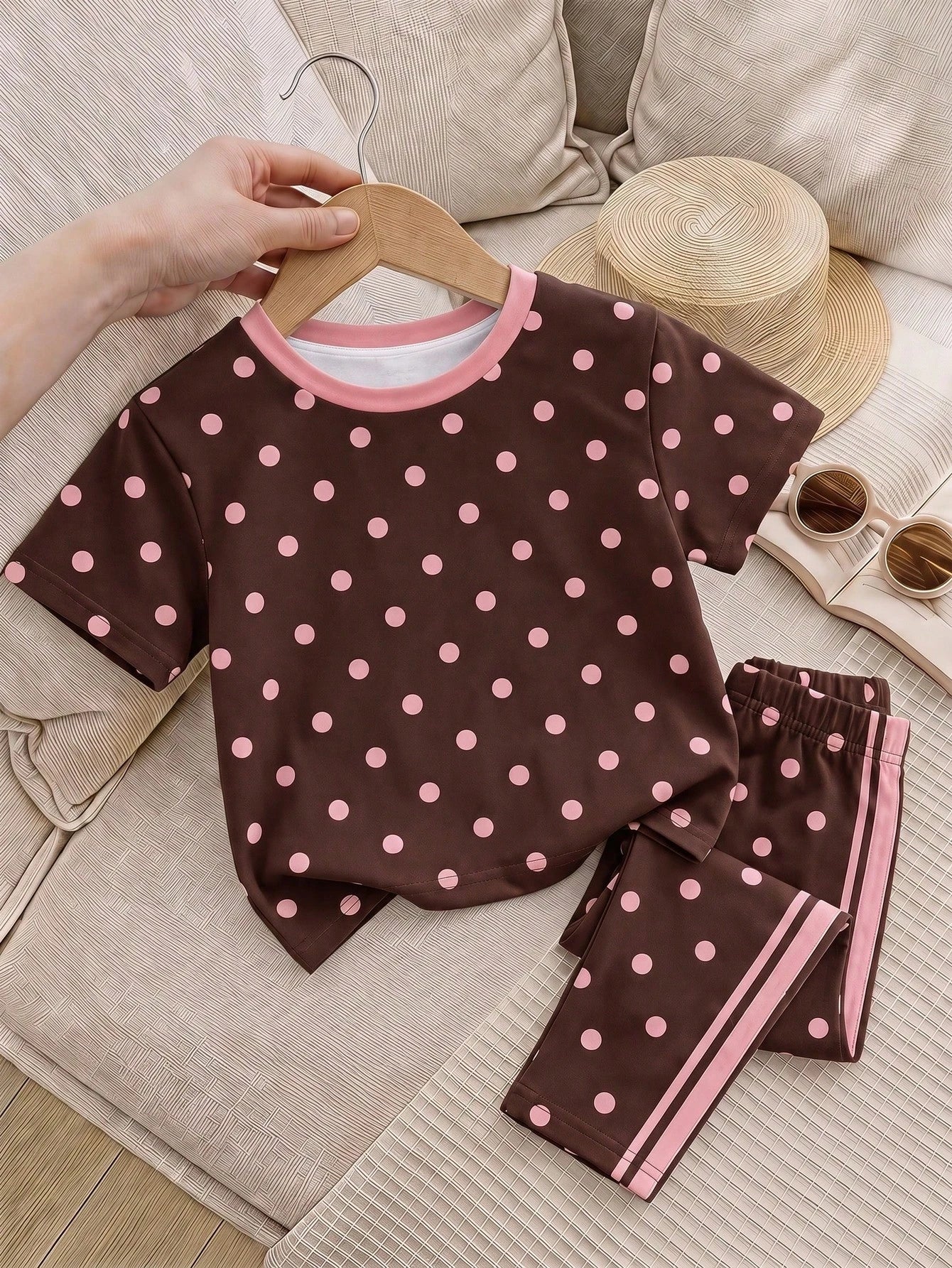 Baby Girl Casual Minimalist Round Neck Loose Short Sleeve T-Shirt And Leggings Set, Suitable For Spring And Summer