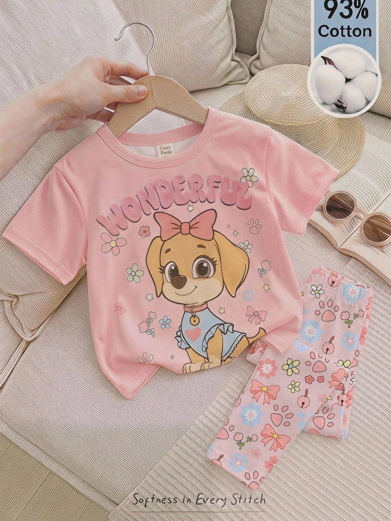 Baby Girl Casual Minimalist Round Neck Loose Short Sleeve T-Shirt And Leggings Set, Suitable For Spring And Summer