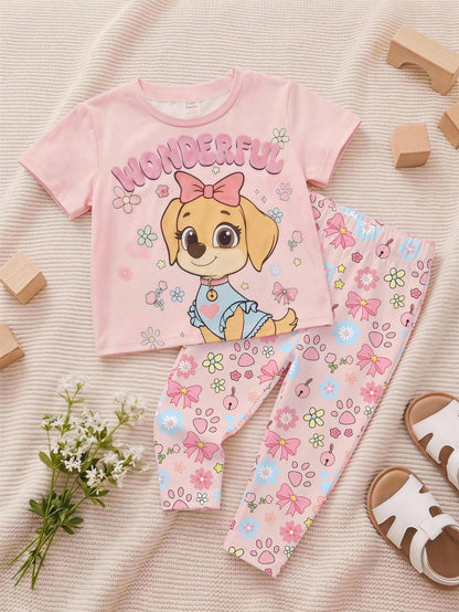 Baby Girl Casual Minimalist Round Neck Loose Short Sleeve T-Shirt And Leggings Set, Suitable For Spring And Summer