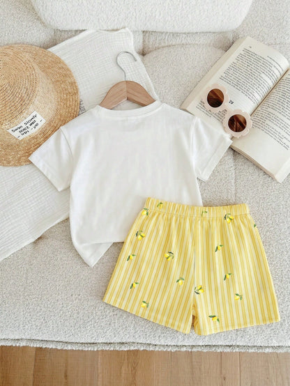 Baby Girl Casual Minimalist Round Neck Loose Short Sleeve T-Shirt And Skinny Bike Shorts Set, Suitable For Spring/Summer