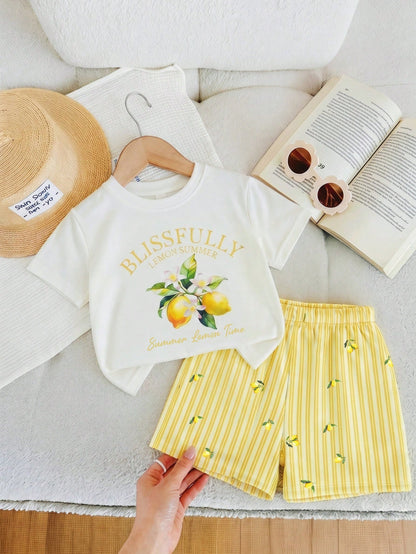 Baby Girl Casual Minimalist Round Neck Loose Short Sleeve T-Shirt And Skinny Bike Shorts Set, Suitable For Spring/Summer