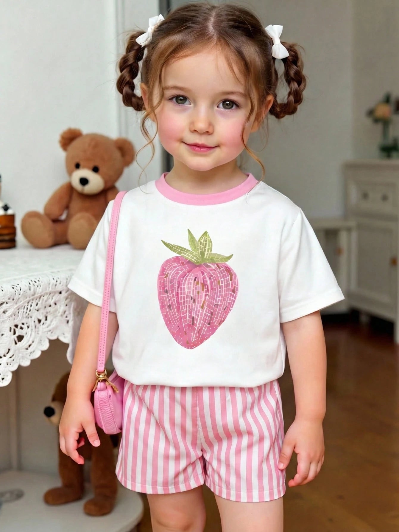 Baby Girl Casual Minimalist Round Neck Loose Short Sleeve T-Shirt And Skinny Bike Shorts Set, Suitable For Spring/Summer
