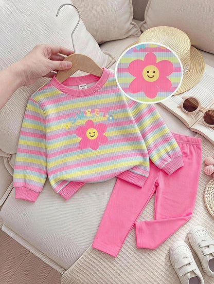 Baby Girl Knit Striped Floral Pattern Crew Neck Long Sleeve Thermal Lined Pullover Autumn Sweatshirt And Elastic Waist Fitted Leggings 2pcs Set