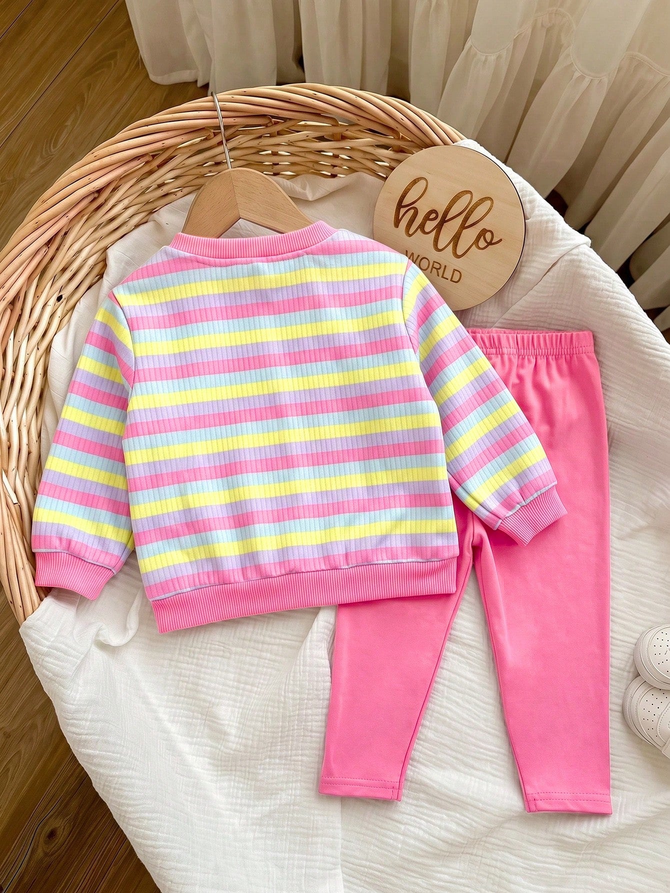 Baby Girl Knit Striped Floral Pattern Crew Neck Long Sleeve Thermal Lined Pullover Autumn Sweatshirt And Elastic Waist Fitted Leggings 2pcs Set