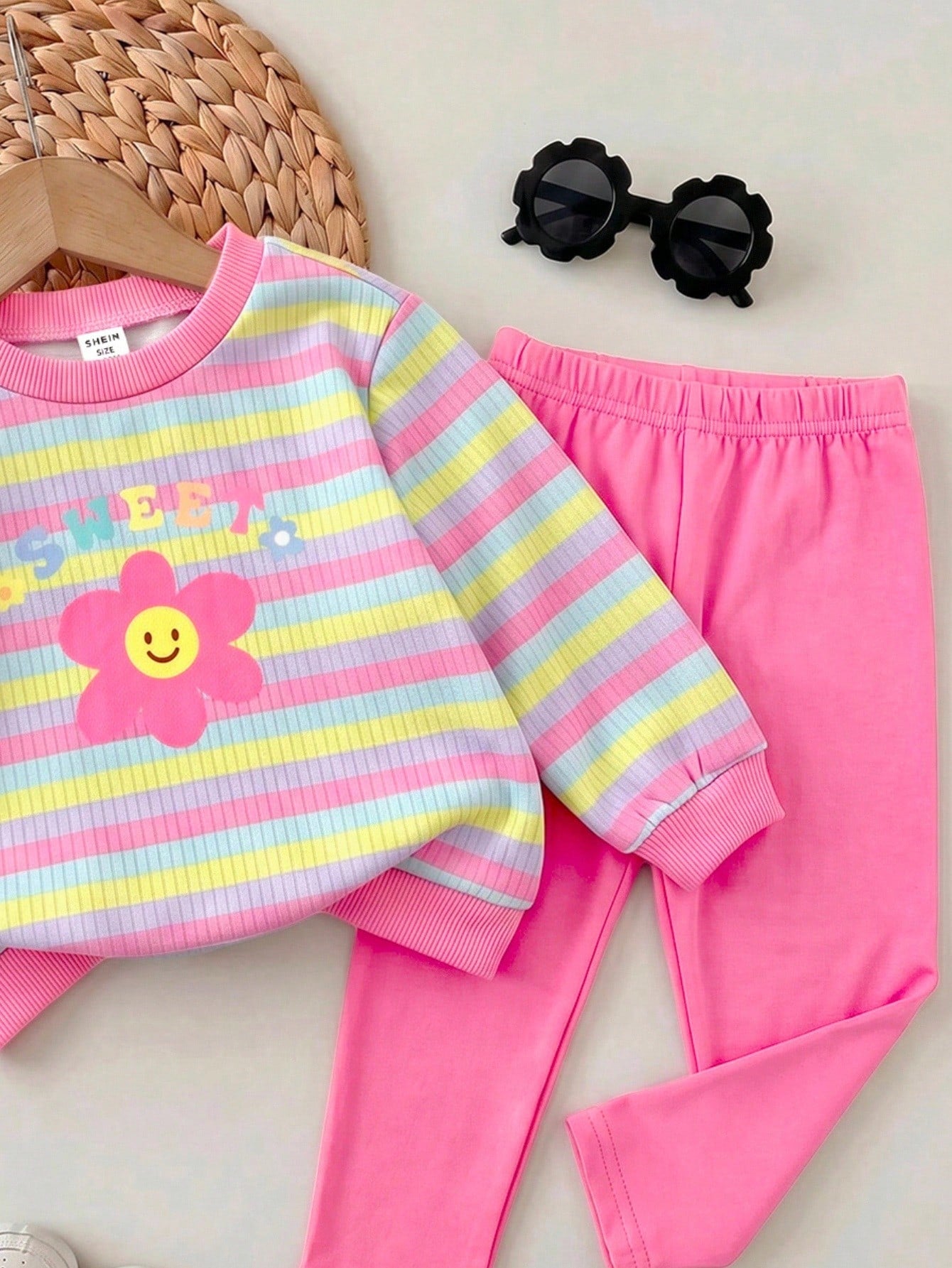 Baby Girl Knit Striped Floral Pattern Crew Neck Long Sleeve Thermal Lined Pullover Autumn Sweatshirt And Elastic Waist Fitted Leggings 2pcs Set