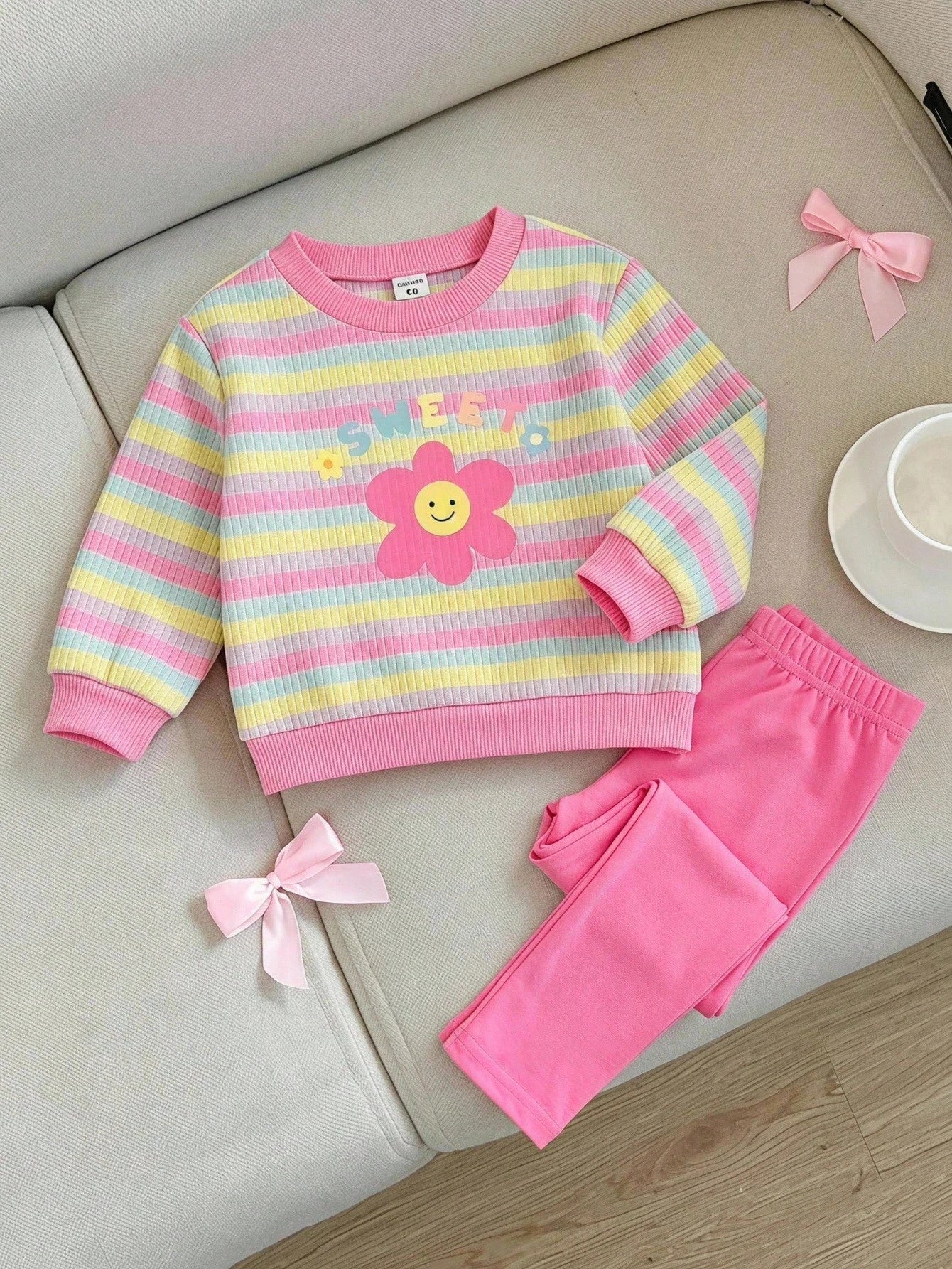 Baby Girl Knit Striped Floral Pattern Crew Neck Long Sleeve Thermal Lined Pullover Autumn Sweatshirt And Elastic Waist Fitted Leggings 2pcs Set