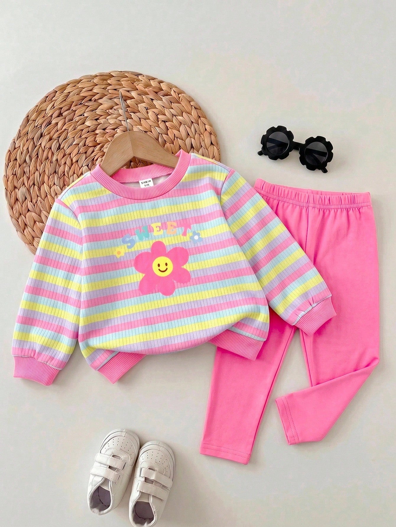 Baby Girl Knit Striped Floral Pattern Crew Neck Long Sleeve Thermal Lined Pullover Autumn Sweatshirt And Elastic Waist Fitted Leggings 2pcs Set