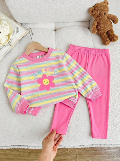 Baby Girl Knit Striped Floral Pattern Crew Neck Long Sleeve Thermal Lined Pullover Autumn Sweatshirt And Elastic Waist Fitted Leggings 2pcs Set