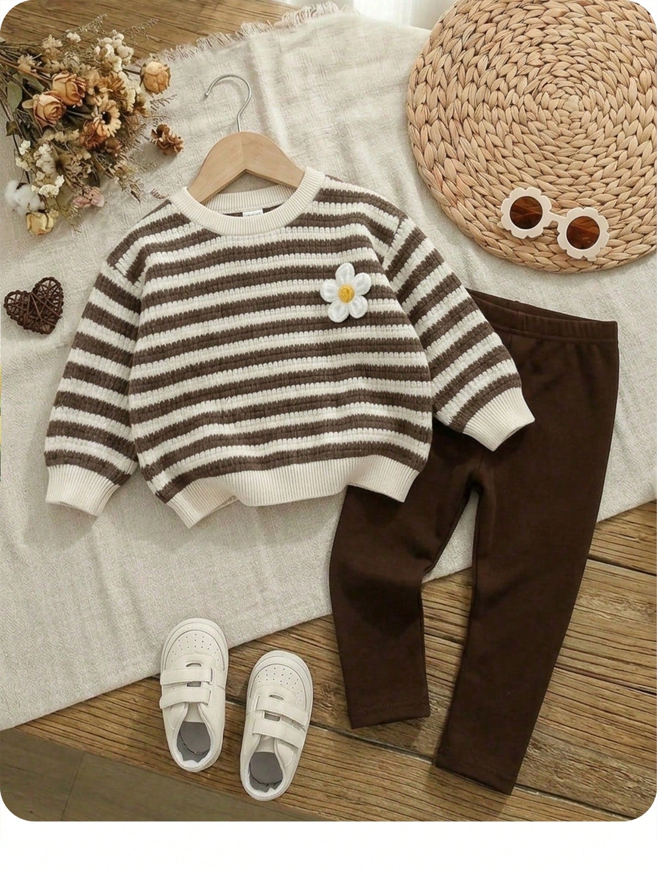 Baby Girl Knit Striped Floral Pattern Crew Neck Long Sleeve Thermal Lined Pullover Autumn Sweatshirt And Elastic Waist Fitted Leggings 2pcs Set
