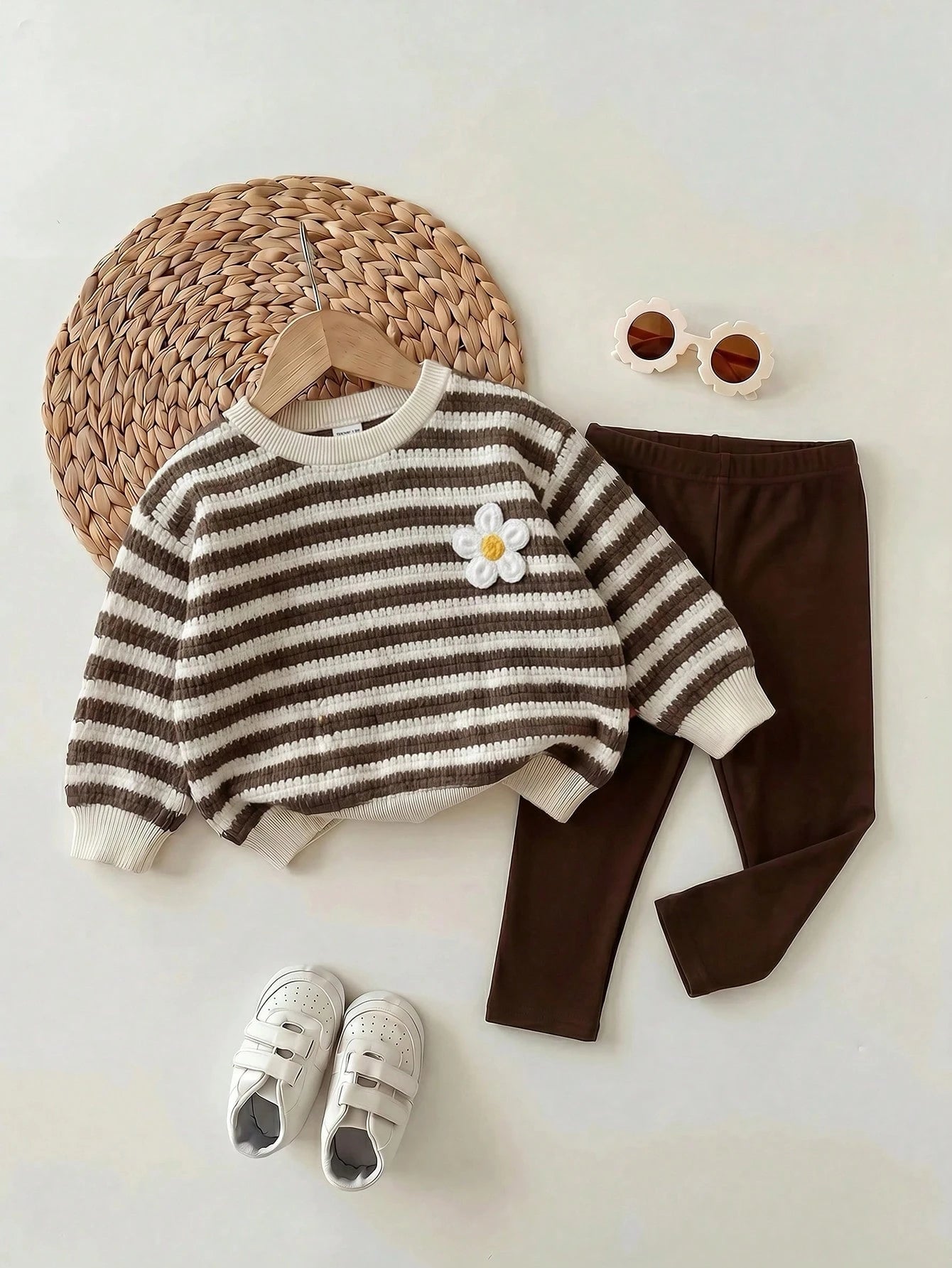 Baby Girl Knit Striped Floral Pattern Crew Neck Long Sleeve Thermal Lined Pullover Autumn Sweatshirt And Elastic Waist Fitted Leggings 2pcs Set