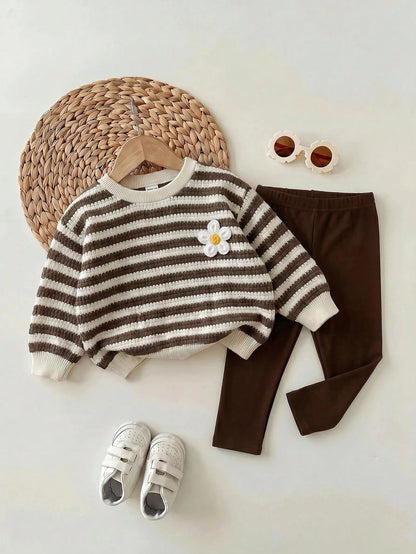 Baby Girl Knit Striped Floral Pattern Crew Neck Long Sleeve Thermal Lined Pullover Autumn Sweatshirt And Elastic Waist Fitted Leggings 2pcs Set