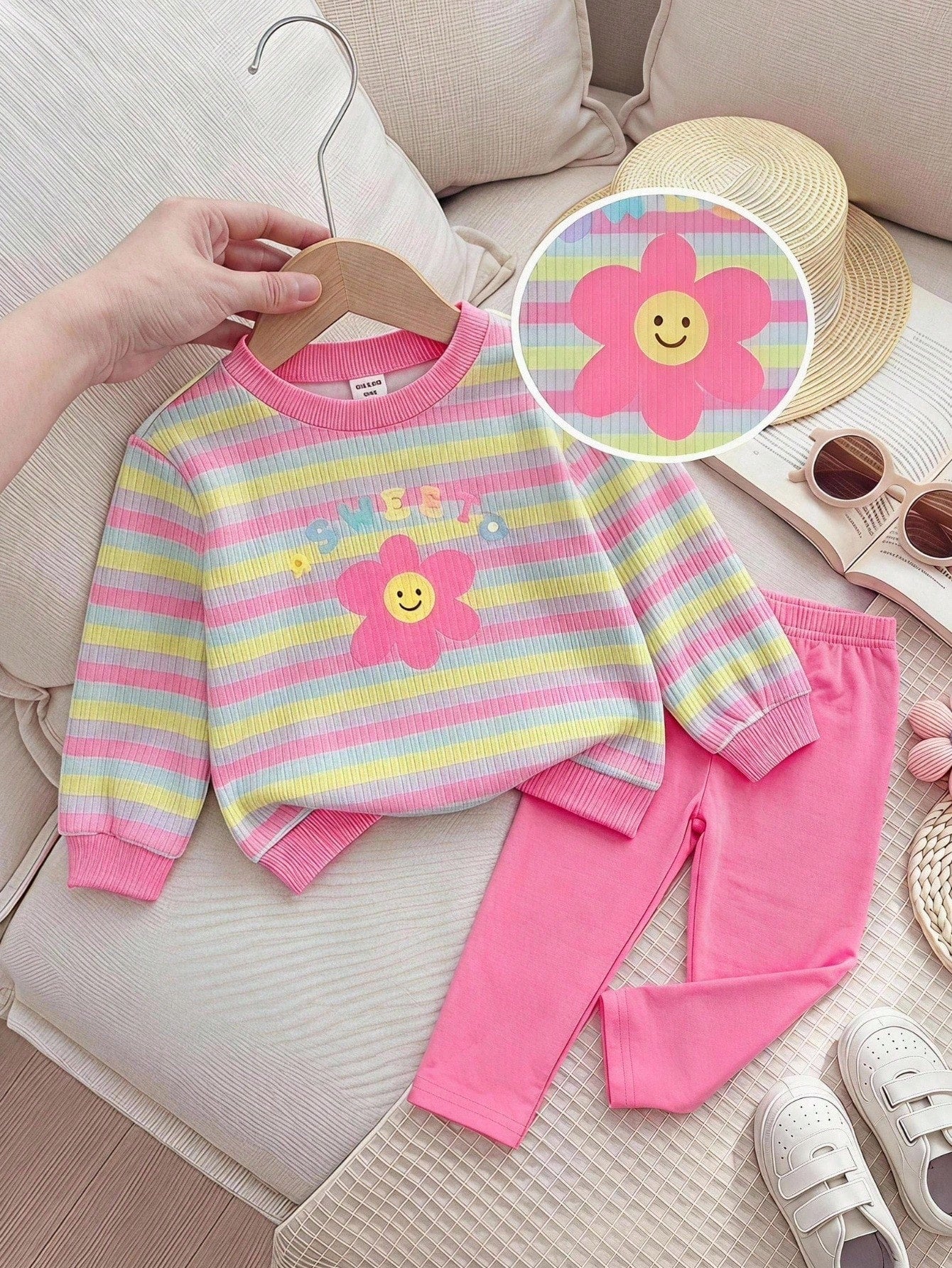 Baby Girl Knit Striped Floral Pattern Crew Neck Long Sleeve Thermal Lined Pullover Autumn Sweatshirt And Elastic Waist Fitted Leggings 2pcs Set