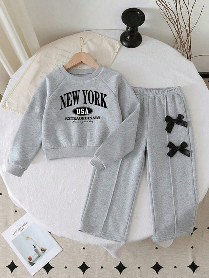 Baby Girl Letter Print Crew Neck Sweatshirt And Butterfly Decor Pants Set