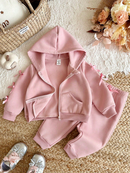 Baby Girl Pink Knitted Hooded Zip-Up Sweatshirt, Sweet Spring/Autumn Loose Casual Jacket