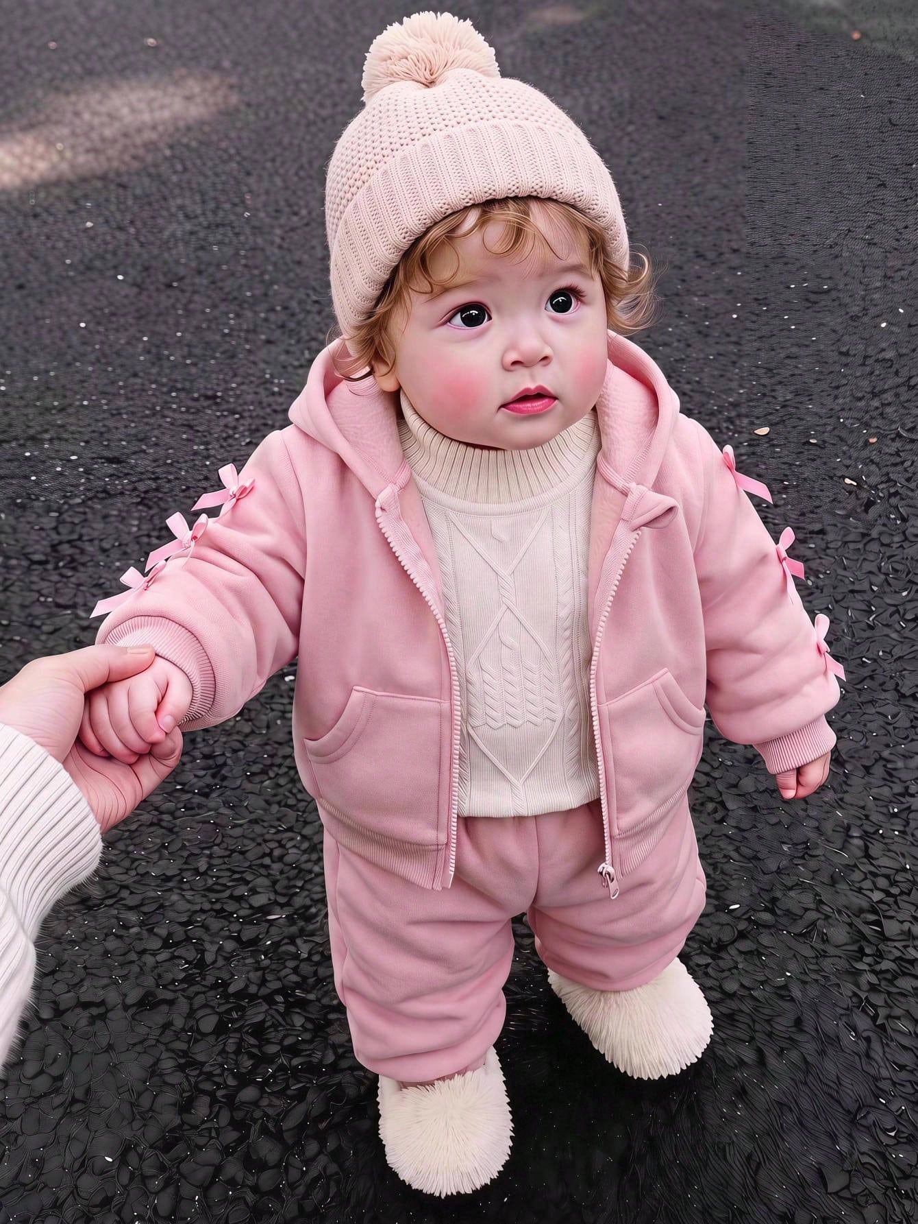 Baby Girl Pink Knitted Hooded Zip-Up Sweatshirt, Sweet Spring/Autumn Loose Casual Jacket