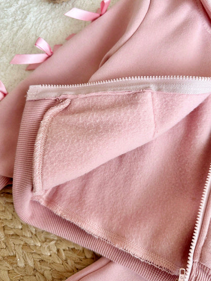Baby Girl Pink Knitted Hooded Zip-Up Sweatshirt, Sweet Spring/Autumn Loose Casual Jacket
