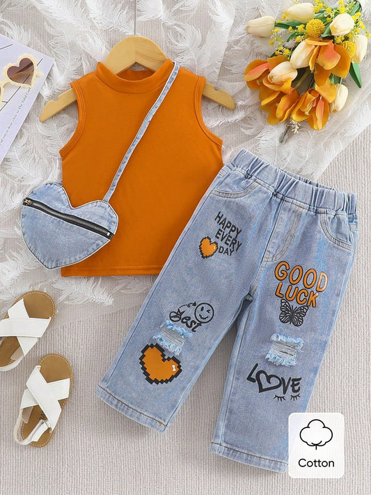 Baby Girl Summer Casual Solid Color Round Neck Top And Distressed Denim Jeans Set
