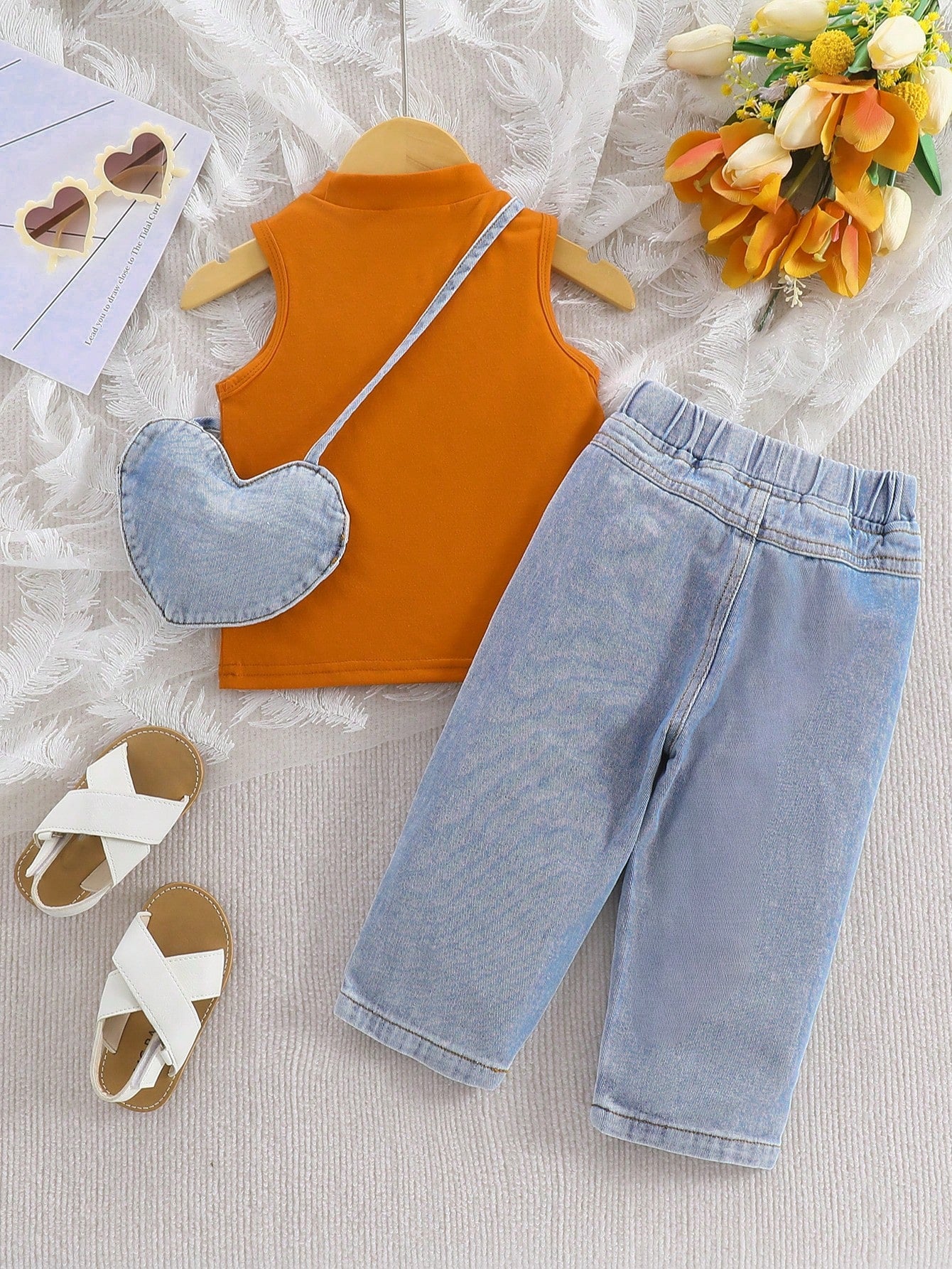 Baby Girl Summer Casual Solid Color Round Neck Top And Distressed Denim Jeans Set