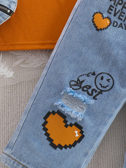 Baby Girl Summer Casual Solid Color Round Neck Top And Distressed Denim Jeans Set