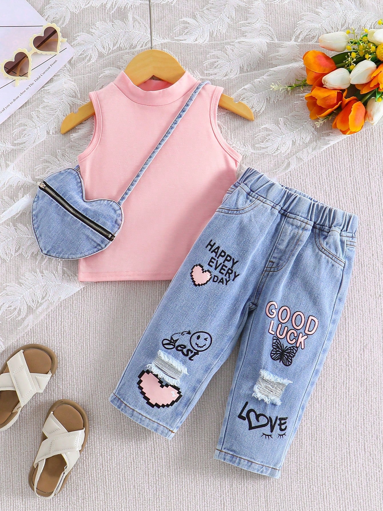 Baby Girl Summer Casual Solid Color Round Neck Top And Distressed Denim Jeans Set