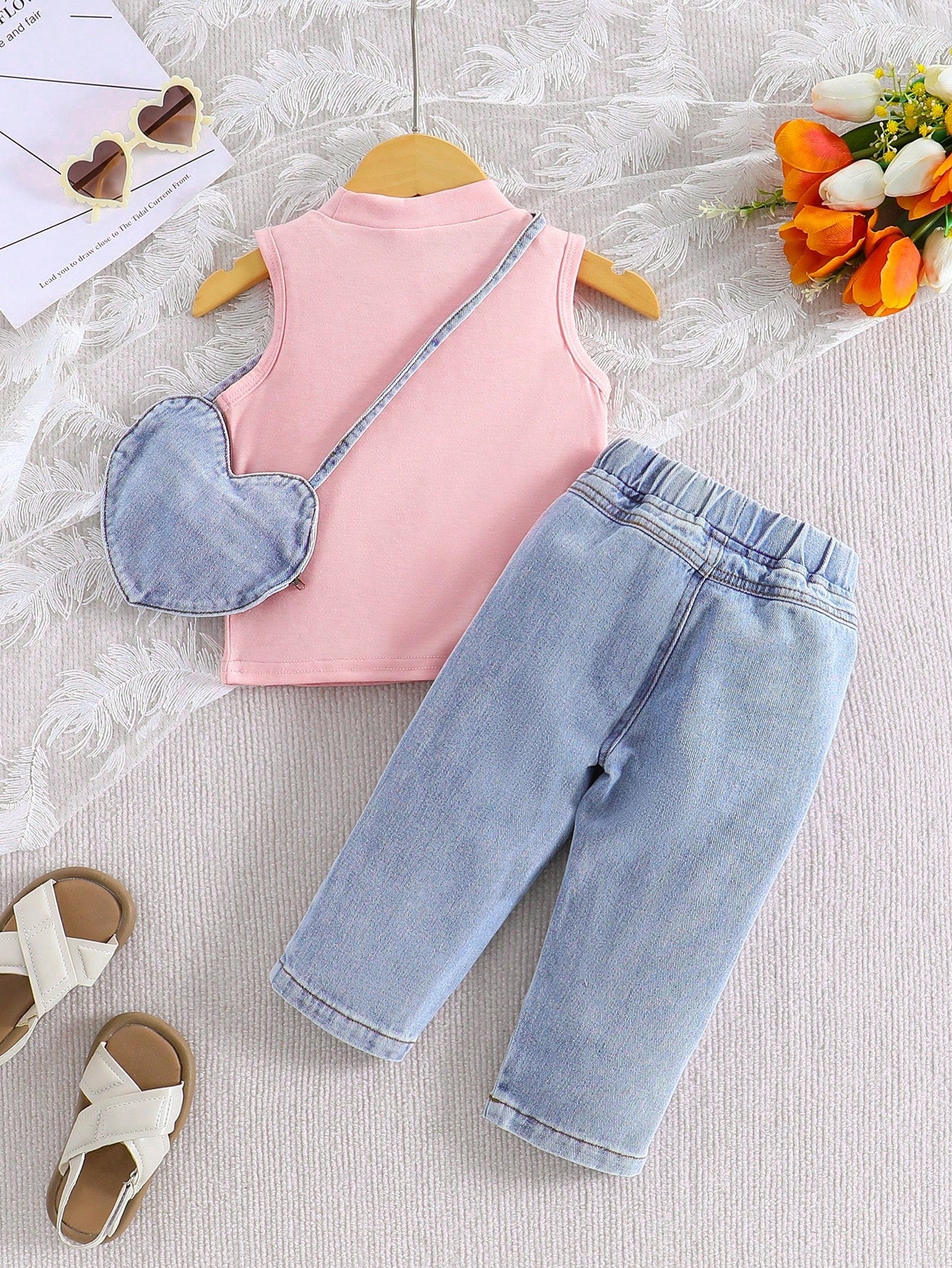 Baby Girl Summer Casual Solid Color Round Neck Top And Distressed Denim Jeans Set