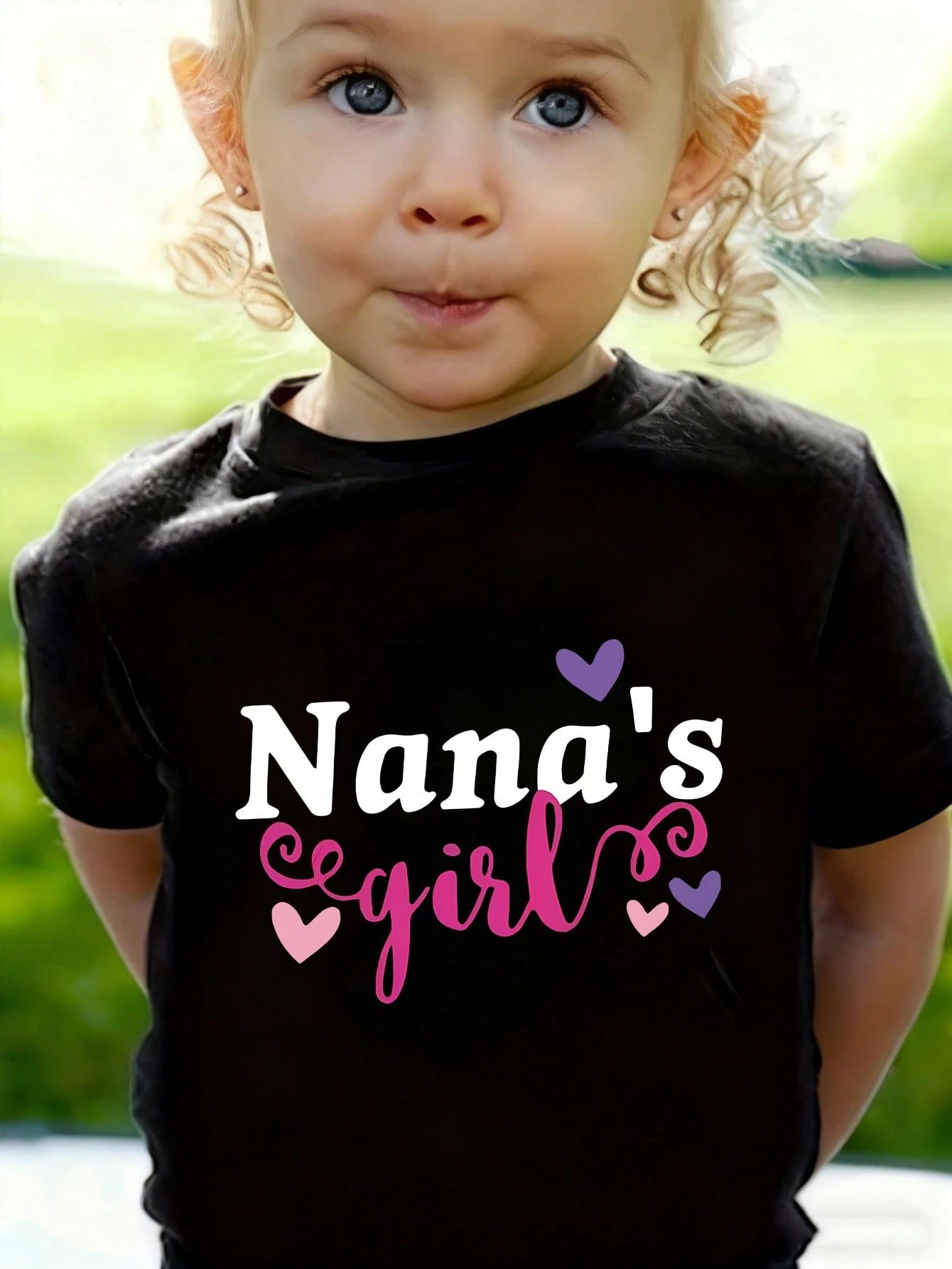Baby Girls Short Sleeve Tee With Heart Letter Print, Sweet Family Theme, Simple Solid Top For Casual Outdoor Wear.