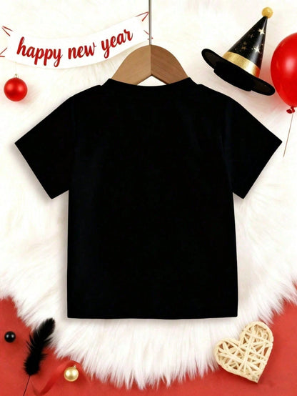 Baby Girls Short Sleeve Tee With Heart Letter Print, Sweet Family Theme, Simple Solid Top For Casual Outdoor Wear.